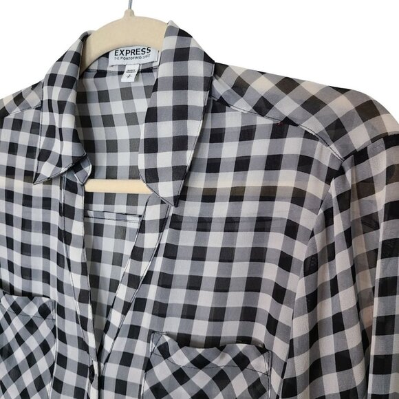 Express Womens S Black White Gingham Checkered Sheer The Portofino Shirt Pockets - Picture 6 of 9